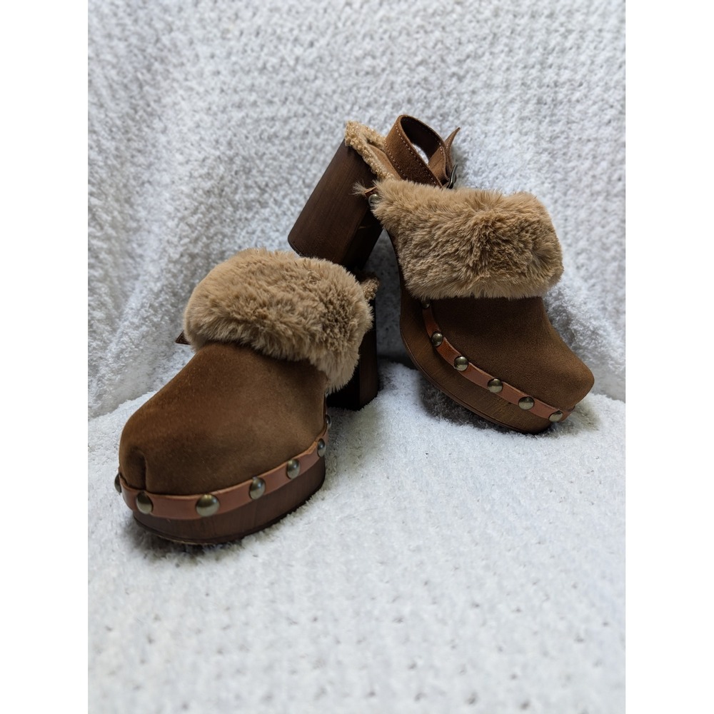 Chocolat Blu Brown Suede Faux Fur Wooden Platform Clogs Studded Slingback 39